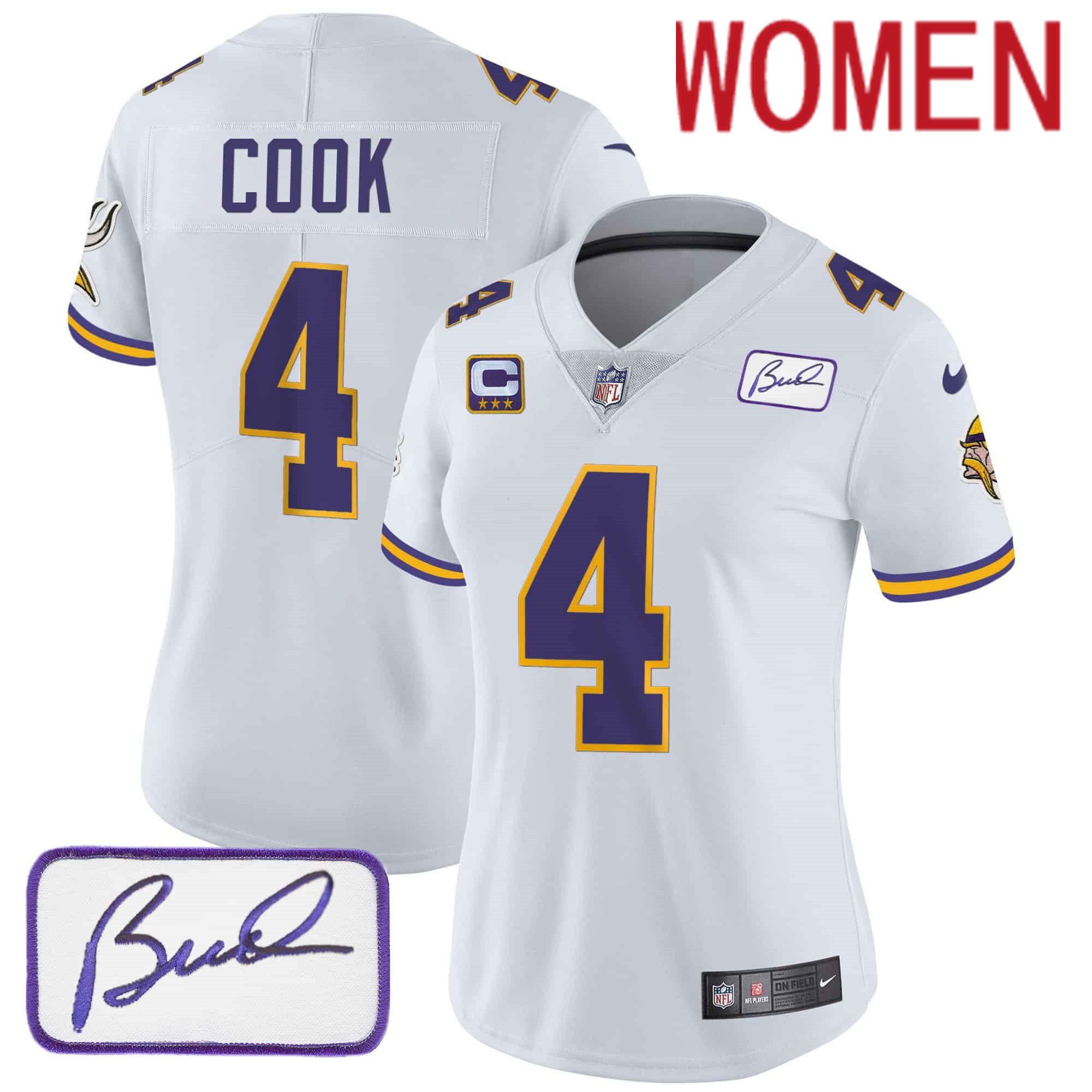 Women Minnesota Vikings #4 Cook White 2024 Nike Bud Grant Patch Classic Limited NFL Jersey style 1